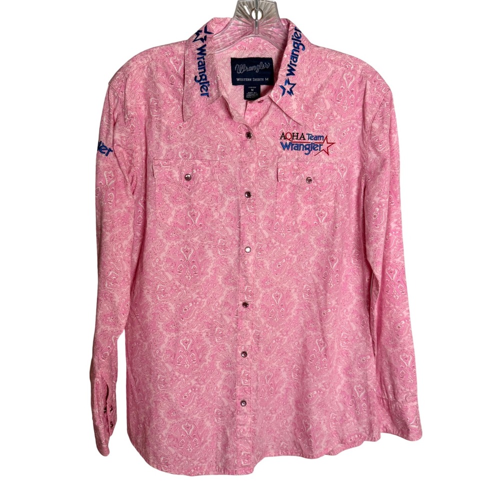Wrangler Western Shirt Womens Medium Pink Cotton Paisley AQHA Team Rodeo Horse
